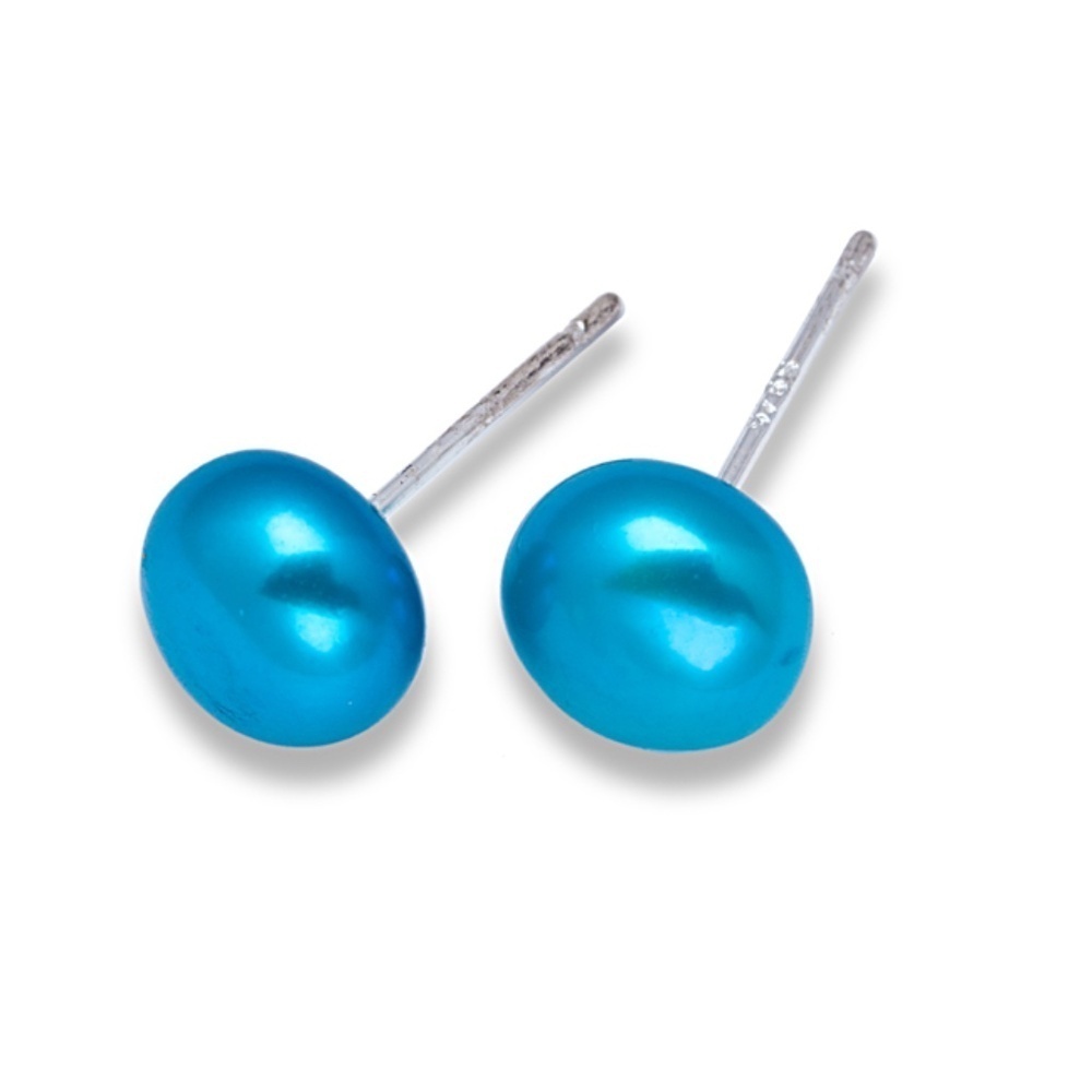 8mm Blue Dyed Freshwater Pearl Stud Earrings โ Sterling Silver Post Classic Jewe